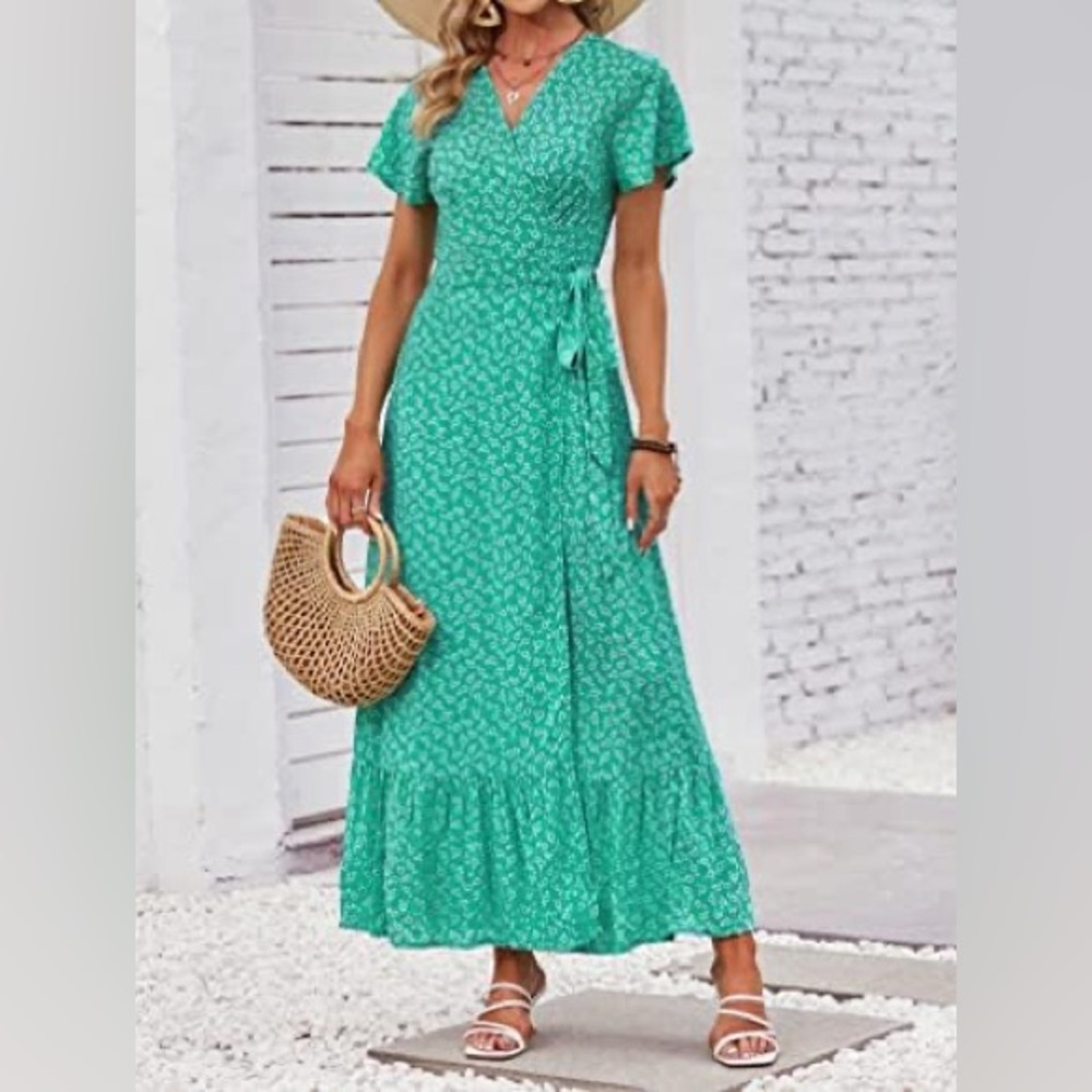 Zesica | Rayon Floral Wrap Maxi Dress in Green Size L Large - Picture 5 of 12